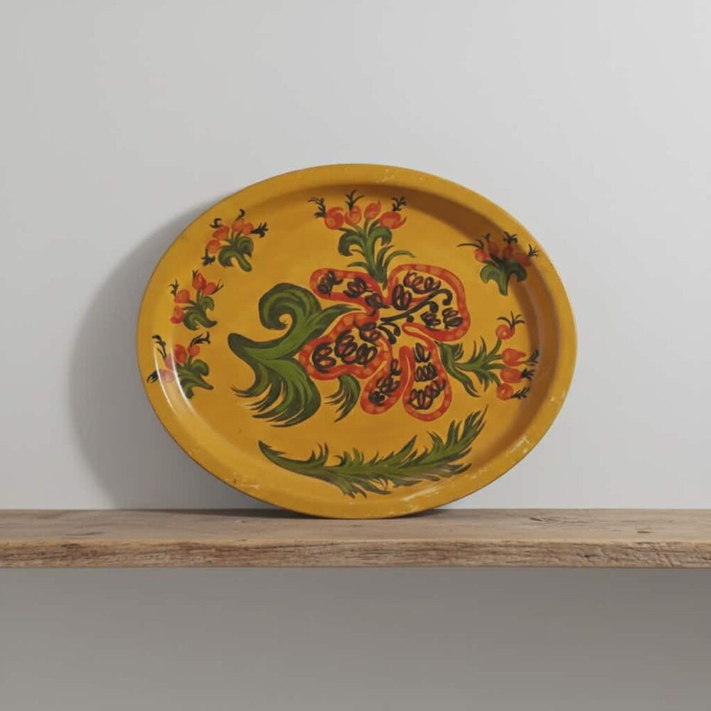 Hand Painted Decorative Tray Floral Folk Art Norwegian Style Vintage Hawaiian